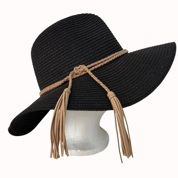MudPie Wide Brim Sun Hat Floppy Black Straw Braided Band Tassels Beach Cruise - Picture 1 of 13